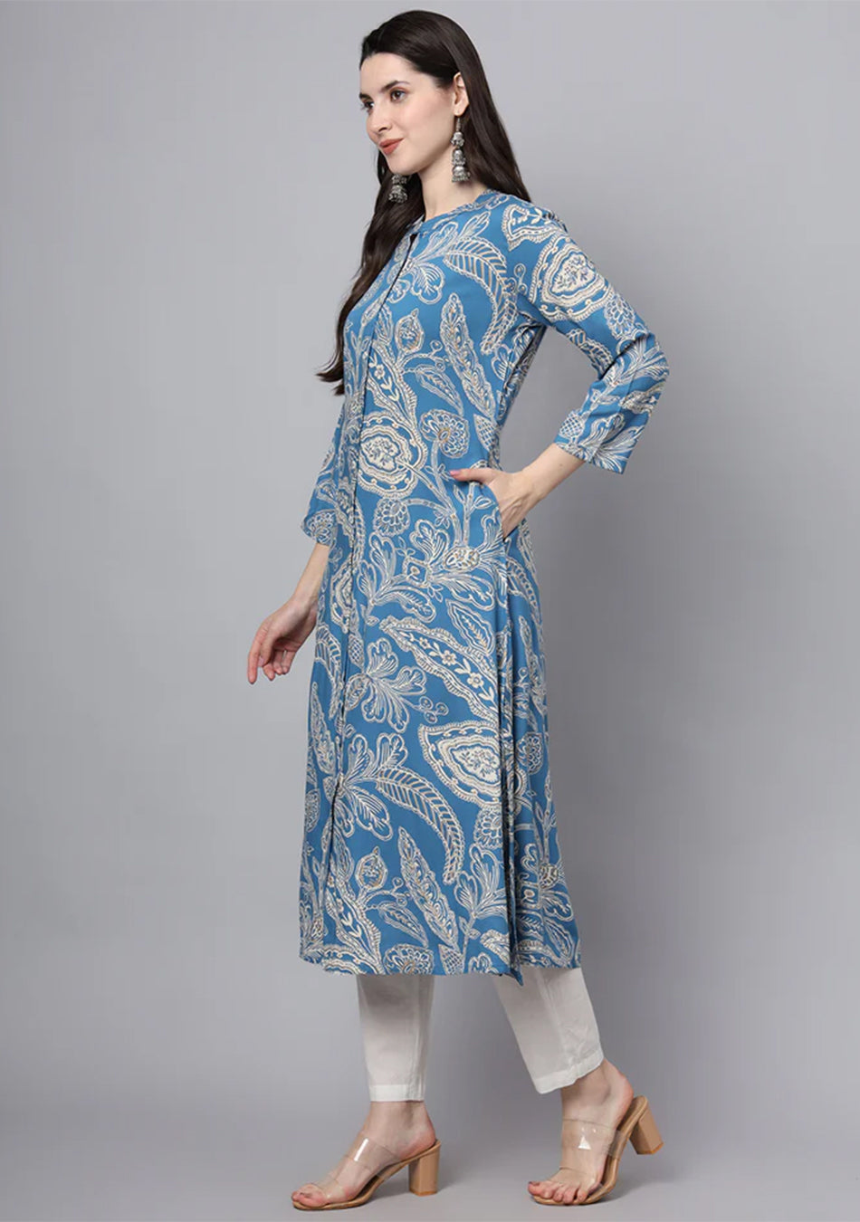 Blue Rayon Printed-A-Line Kurta