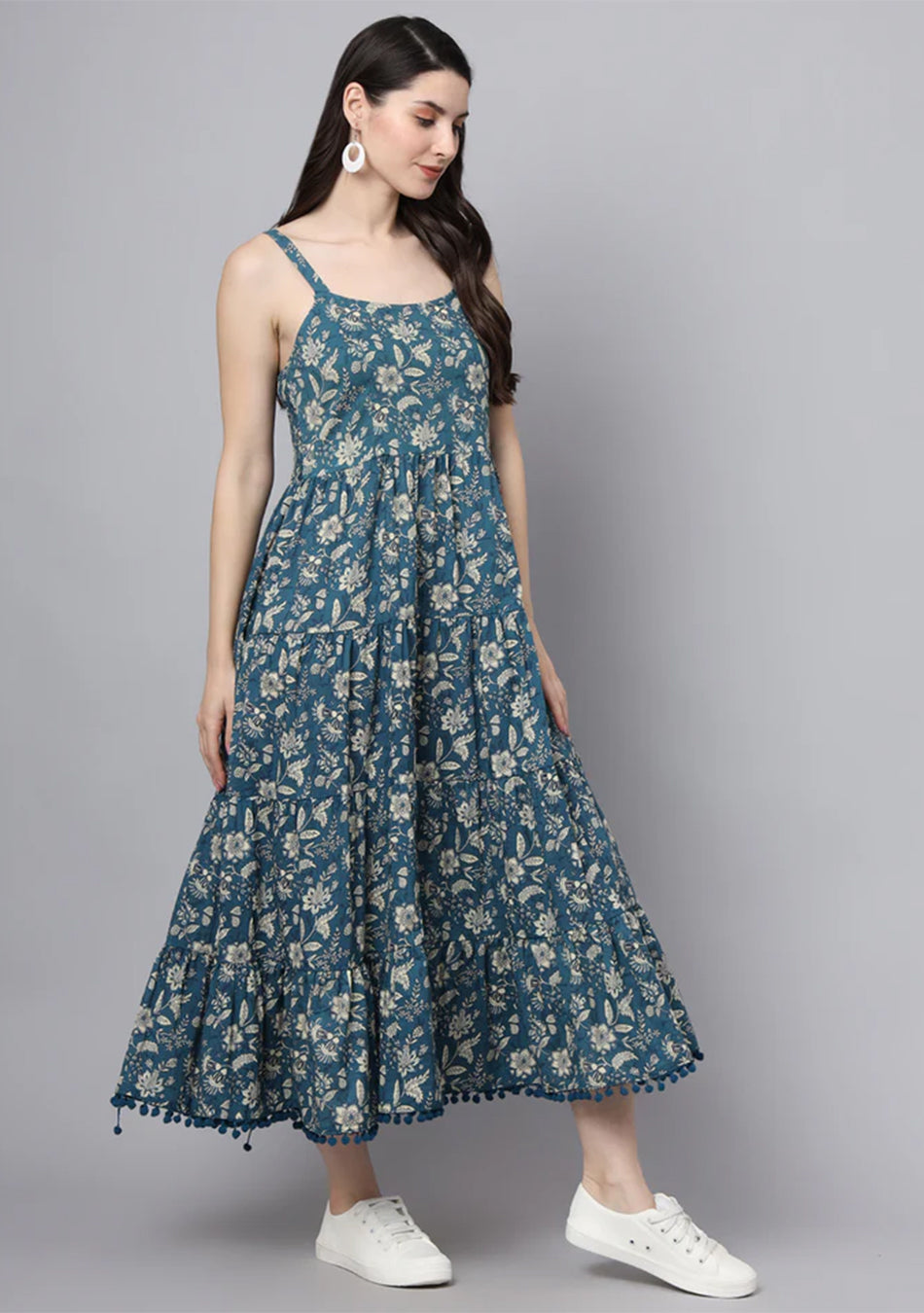 Floral Printed Shoulder Straps Cotton Flared Dress