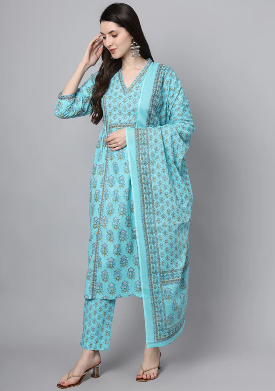 Sky Blue Cotton Printed Sequin Kurta Set