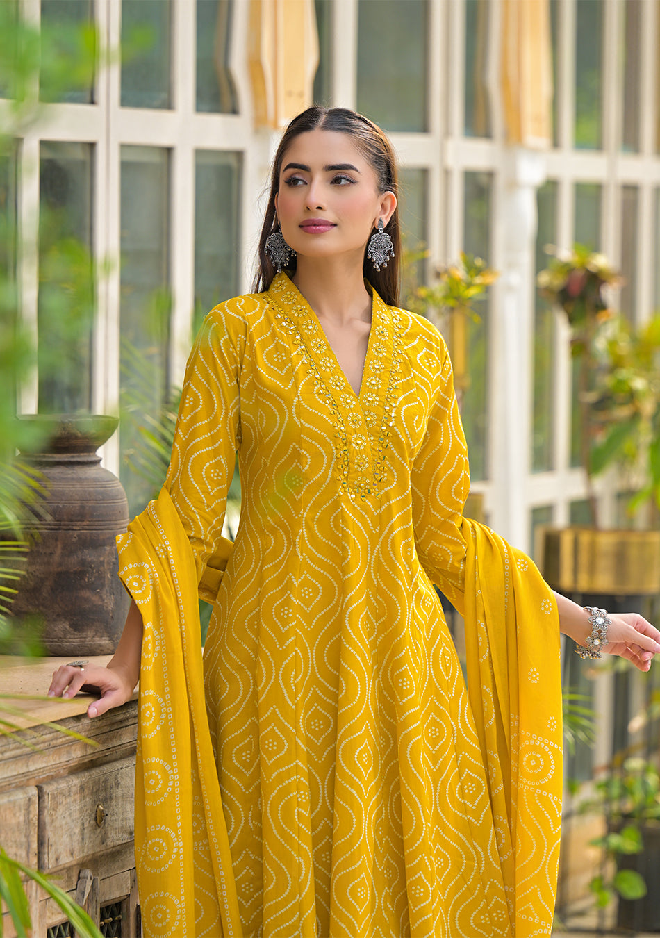 Mustard Bandhani Anarkali Suit Set