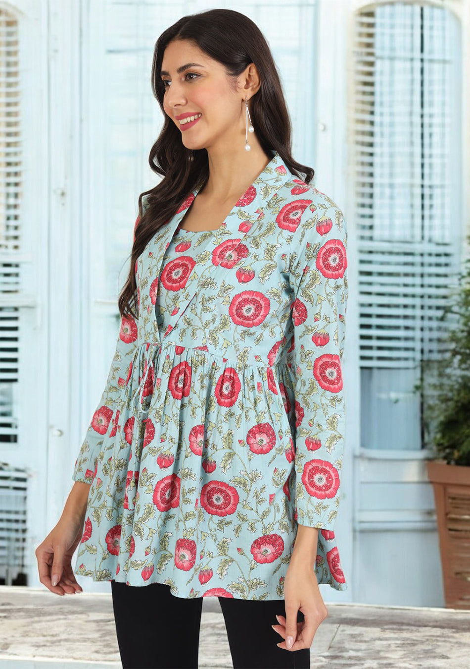 Sky Blue Floral Printed Cotton Top