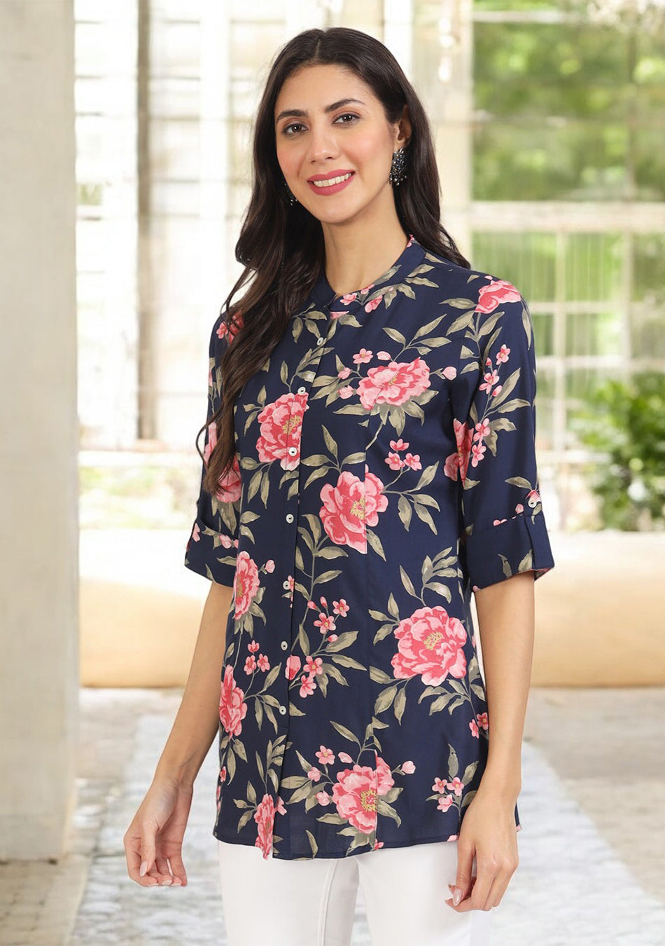 Navy Blue Floral Printed Rayon Top