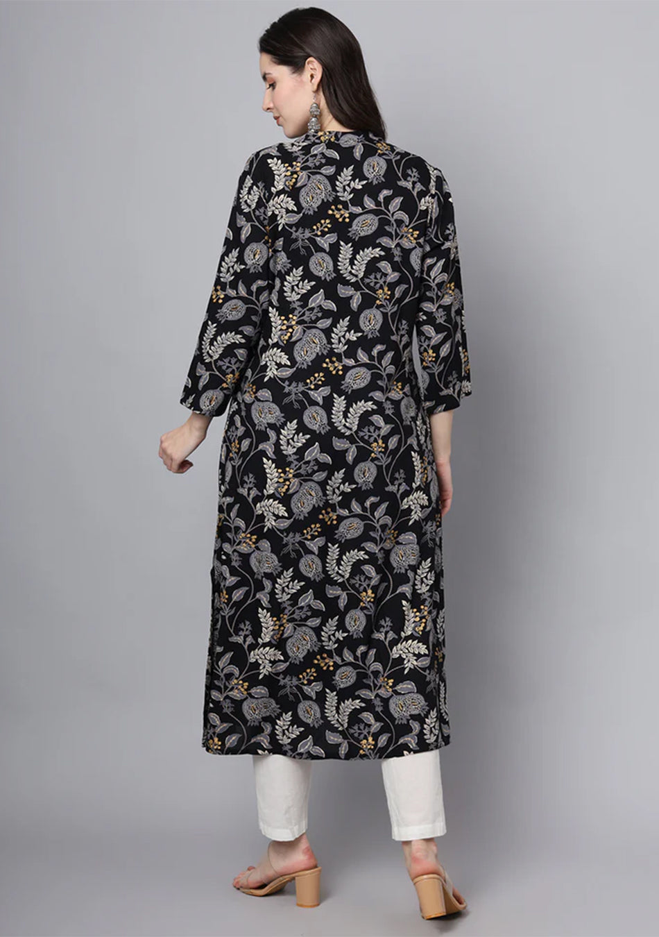 Black Rayon Printed-A-Line Kurta