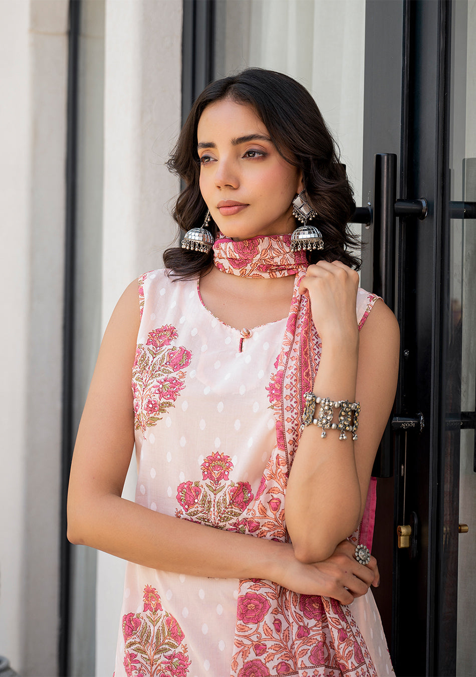 Pink Floral Printed Cotton Straight Fit Kurta Pant Set
