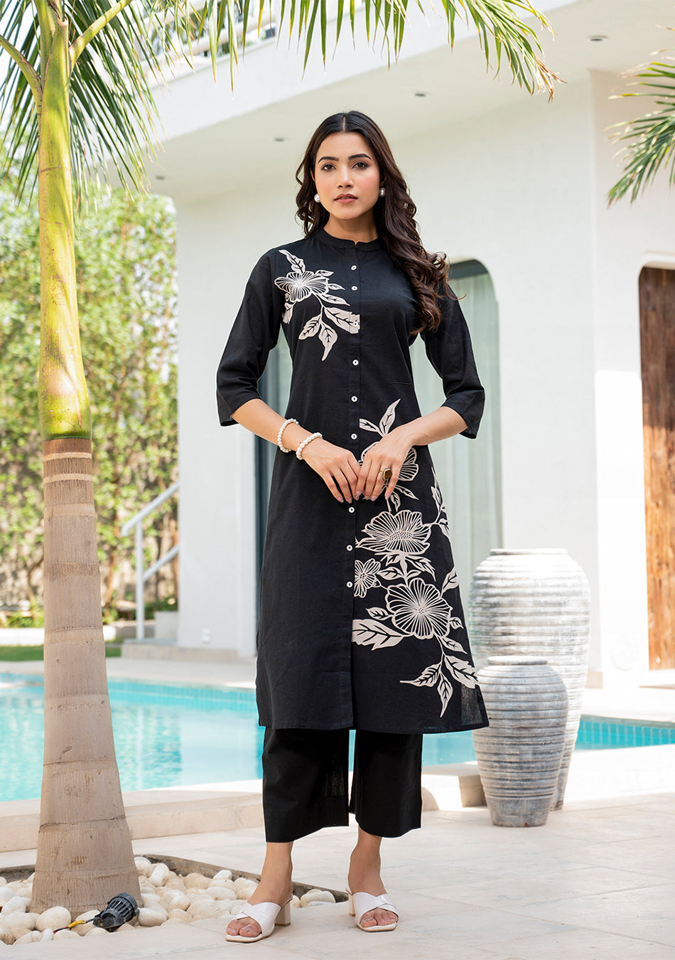 Black Floral Printed Cotton A-line Fit Kurta Pant Set