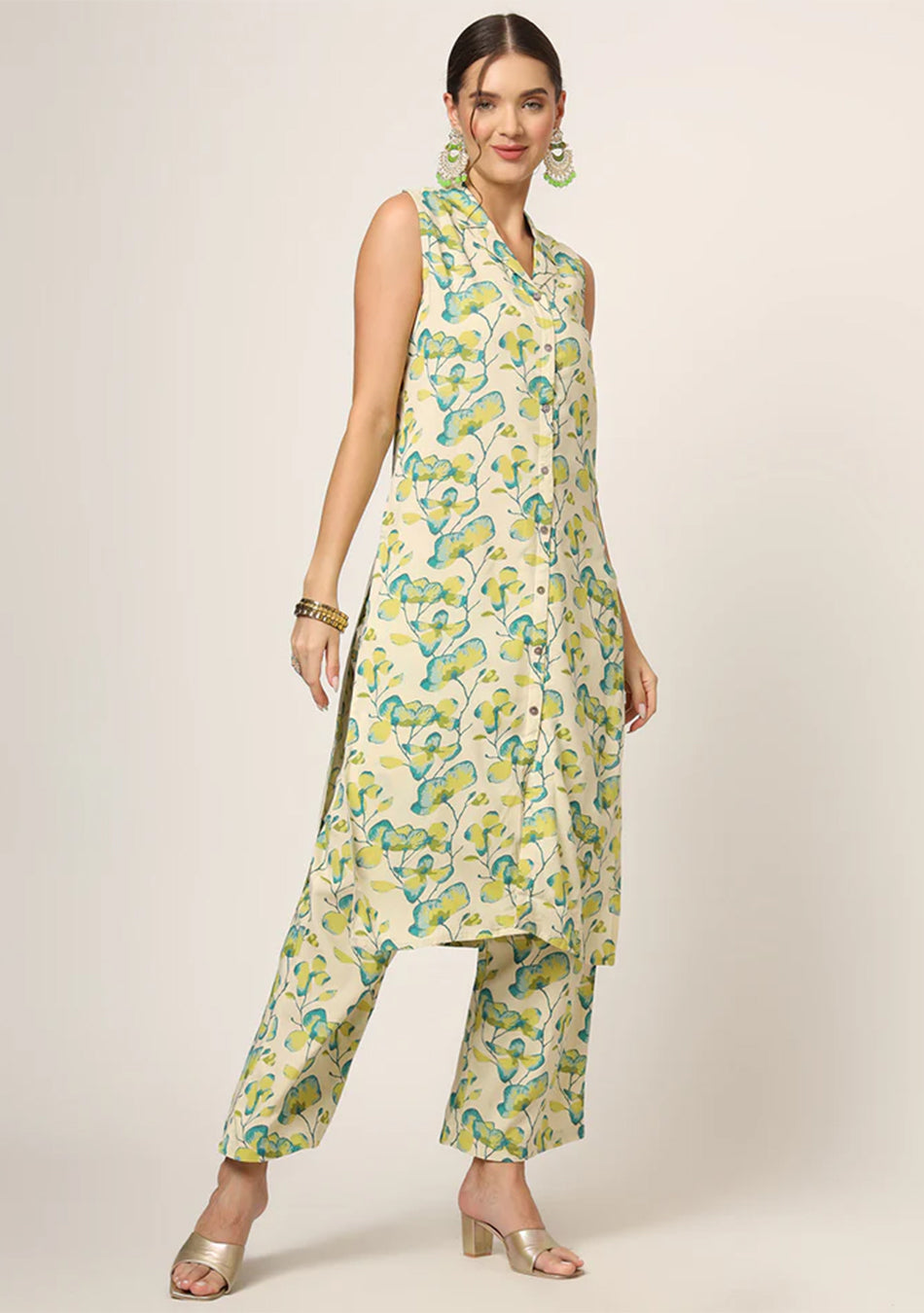 Cream Printed Rayon Fabric Straight Kurta Set