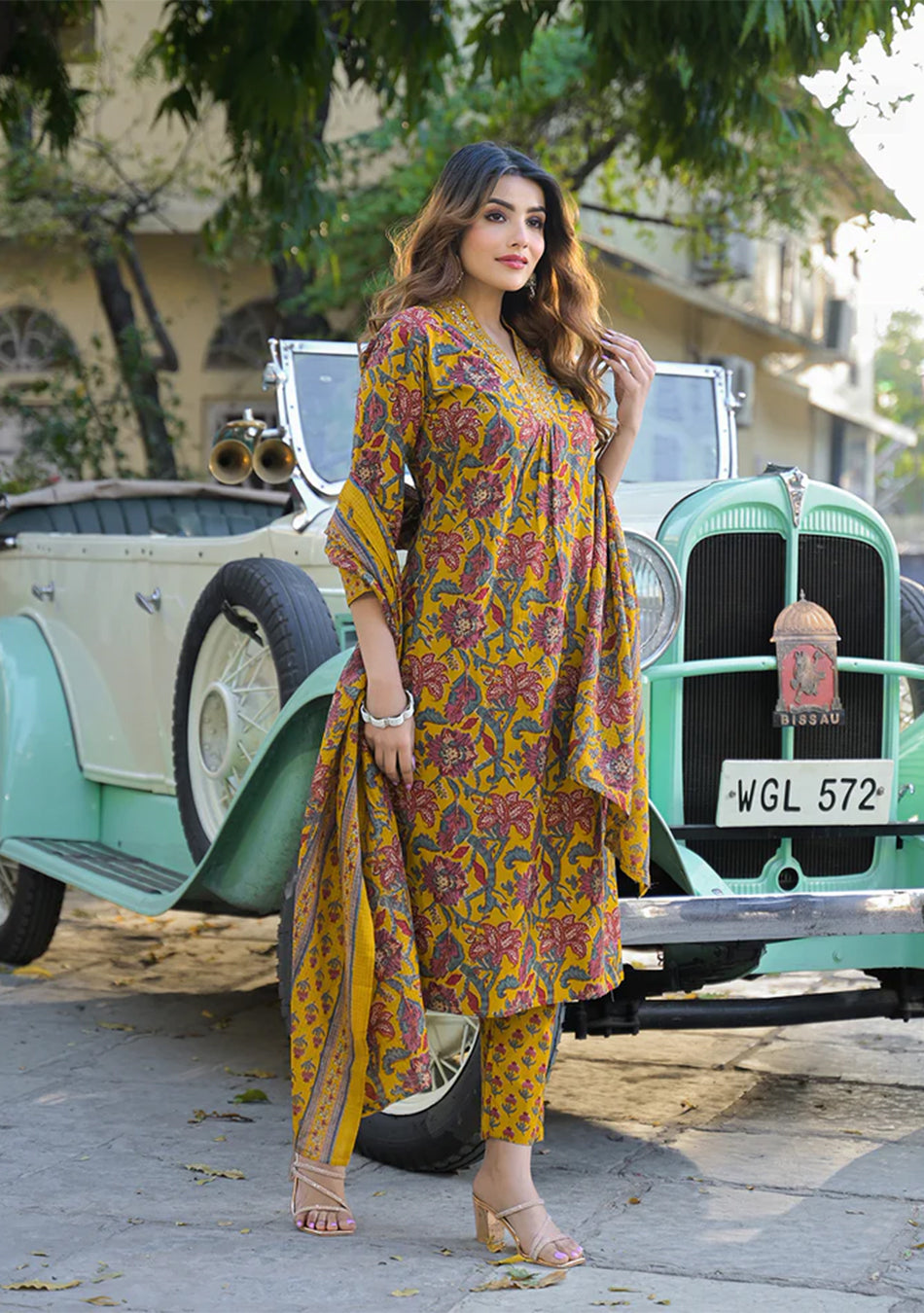 Yellow Floral Print Cotton Fabric A-Line Kurta Pant With Dupatta