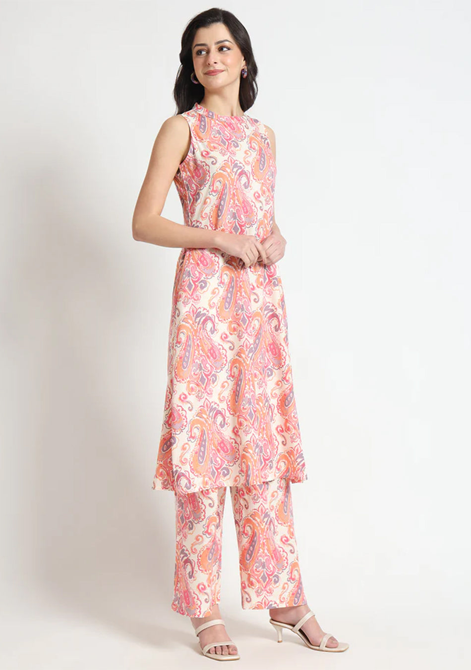 Cream Floral Print Rayon Fabric Straight Kurta with Pant