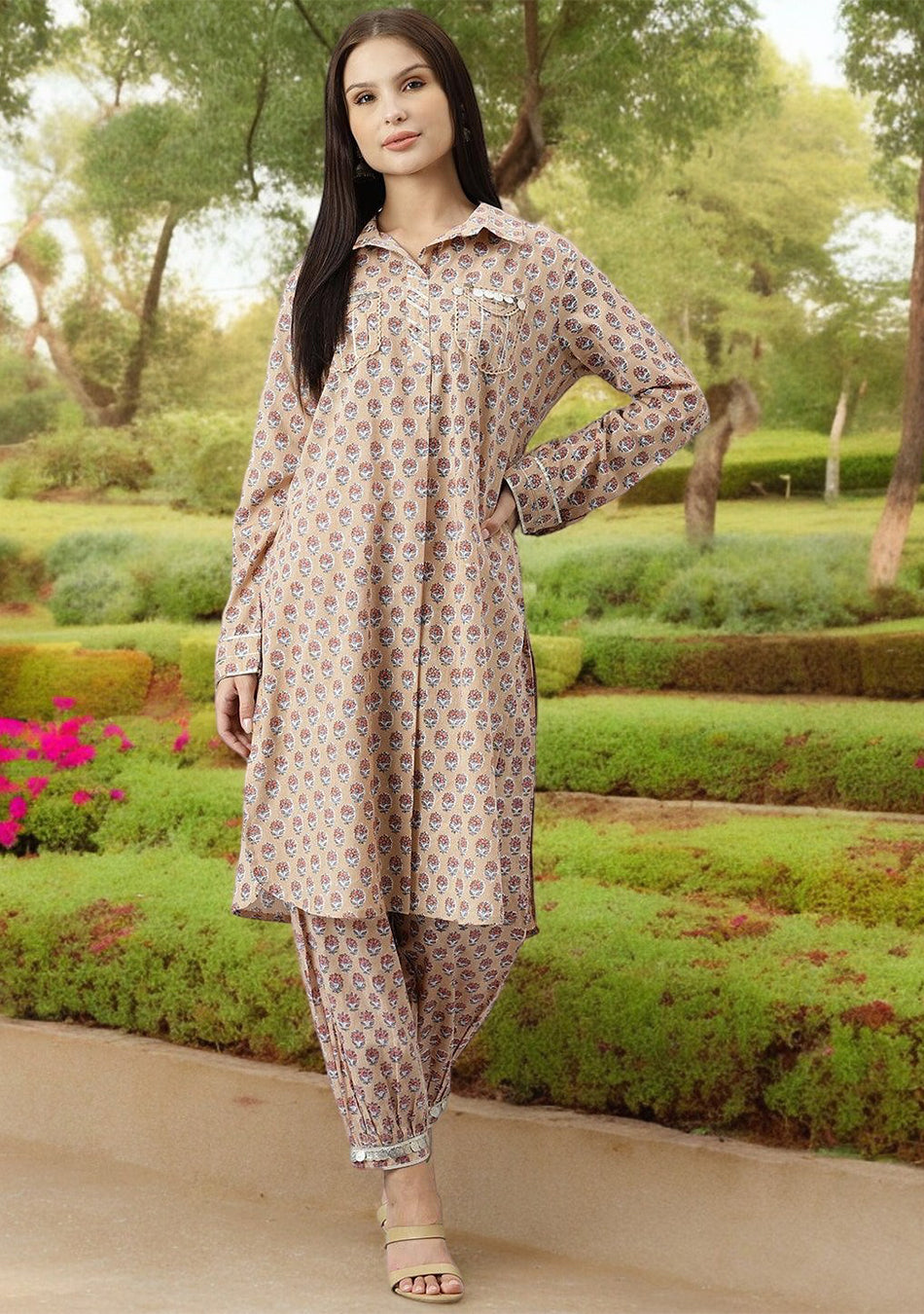 Beige Cotton Shirt Style Kurta Hem Cuffed Pant Co-ord Set