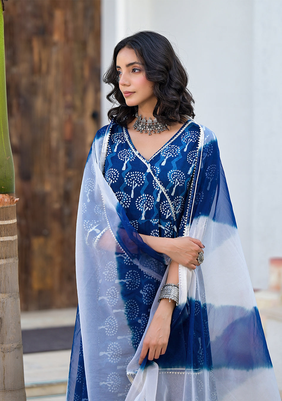Indigo Blue HandBlock Print Cotton Anarkali Kurta Set with Organza Dupatta