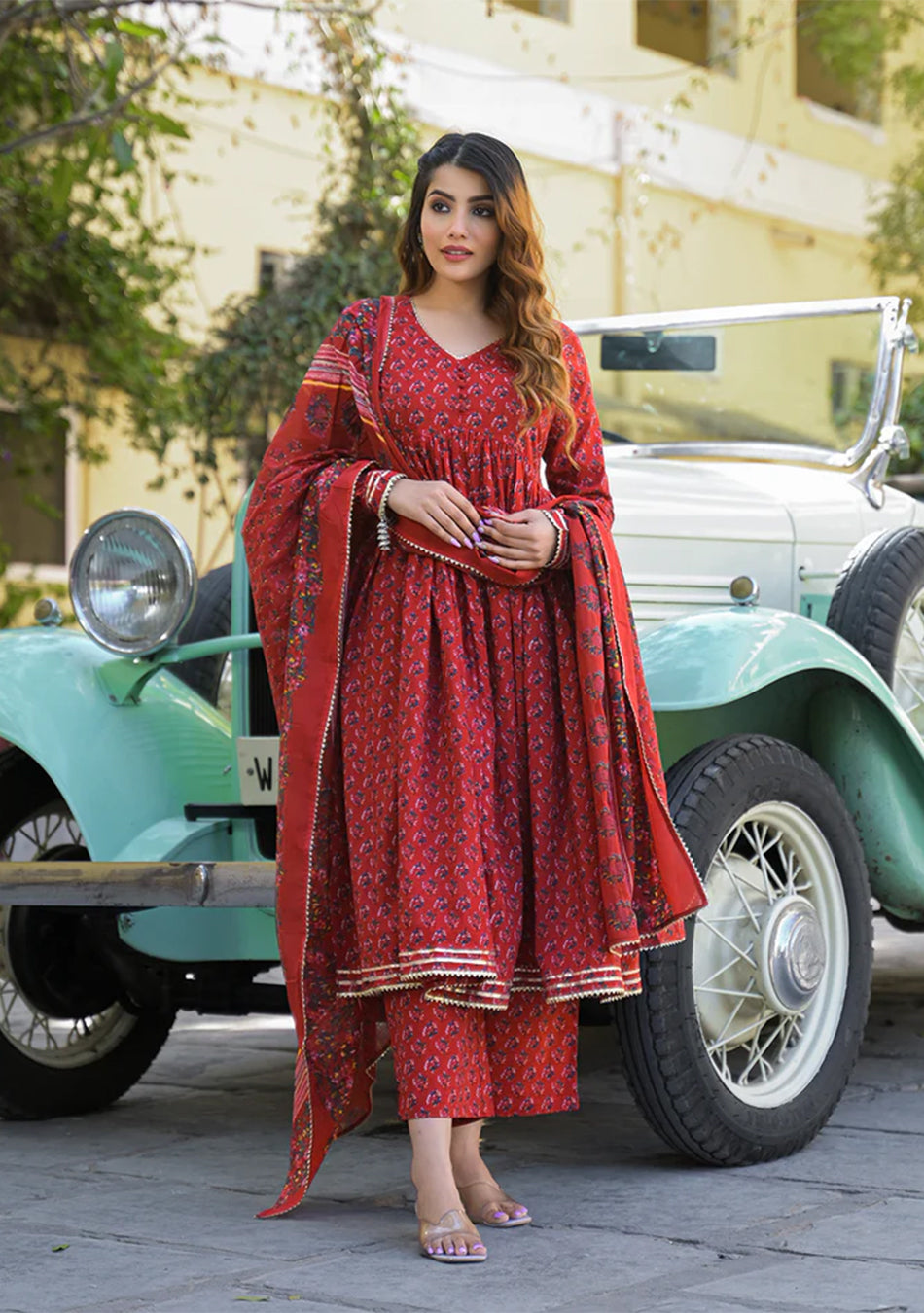 Red Floral Cotton Printed Anarkali Kurta Pant With Dupatta