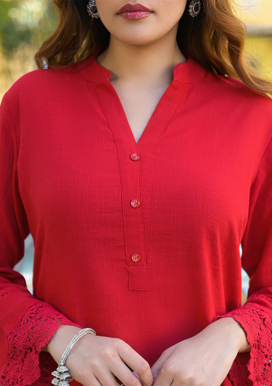 Red Solid Print Cotton Fabric Shirt Kurta with Trouser