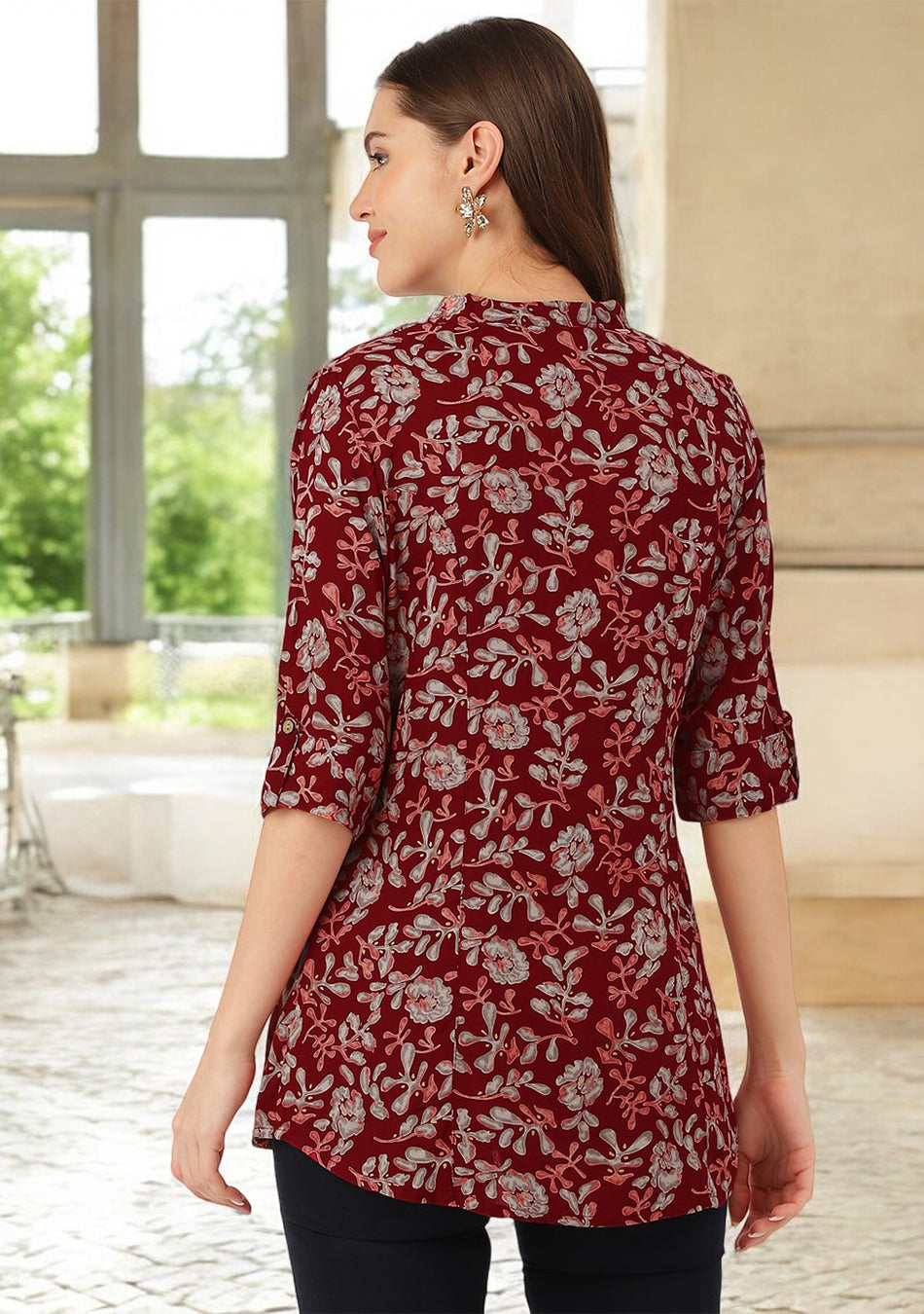 Maroon Floral Print Rayon Regular Top
