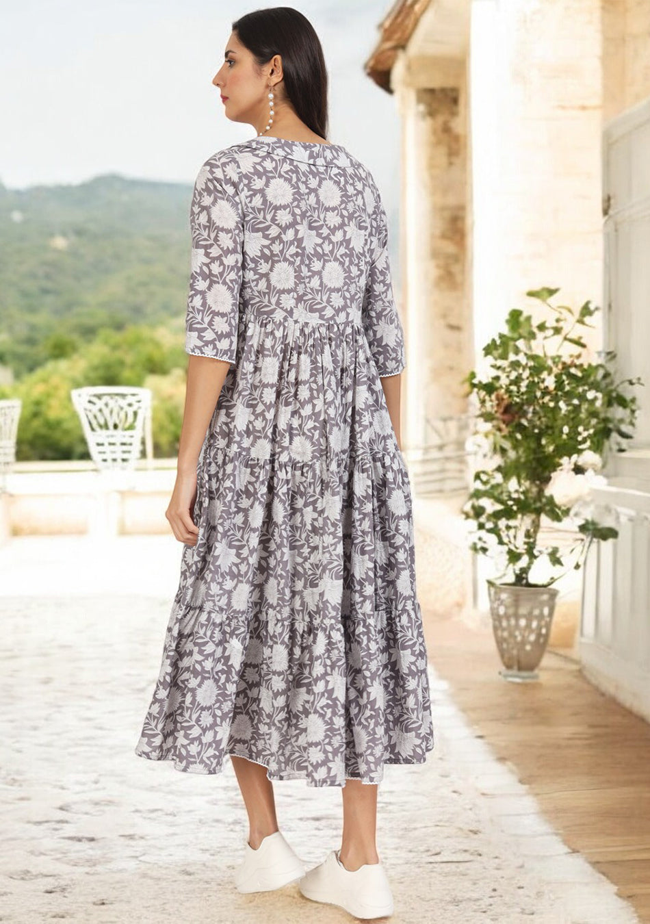 Grey Floral Printed Cotton Dress