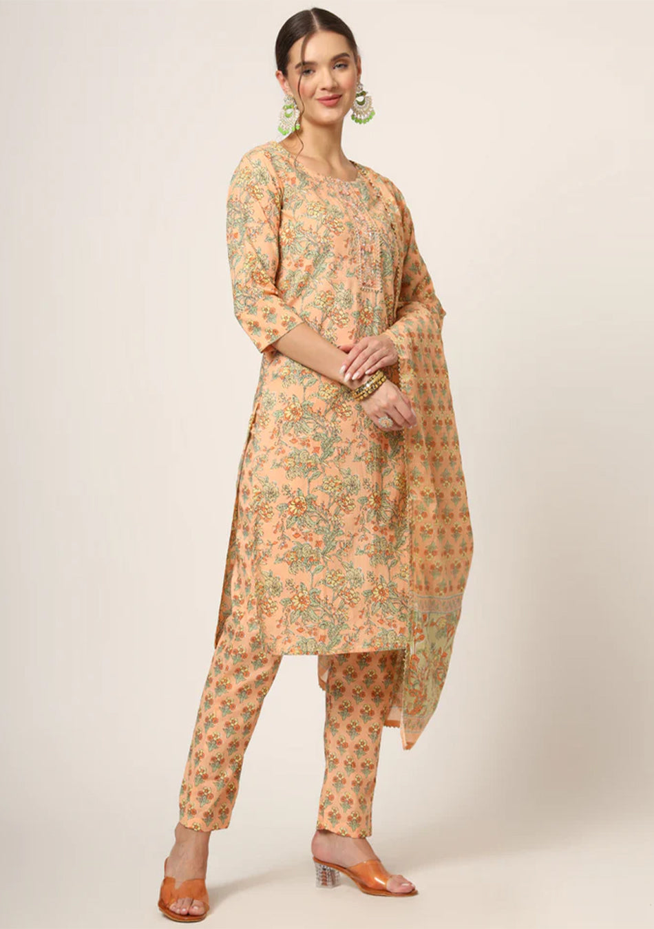 Peach Floral Print Cotton Straight fit Kurta Set