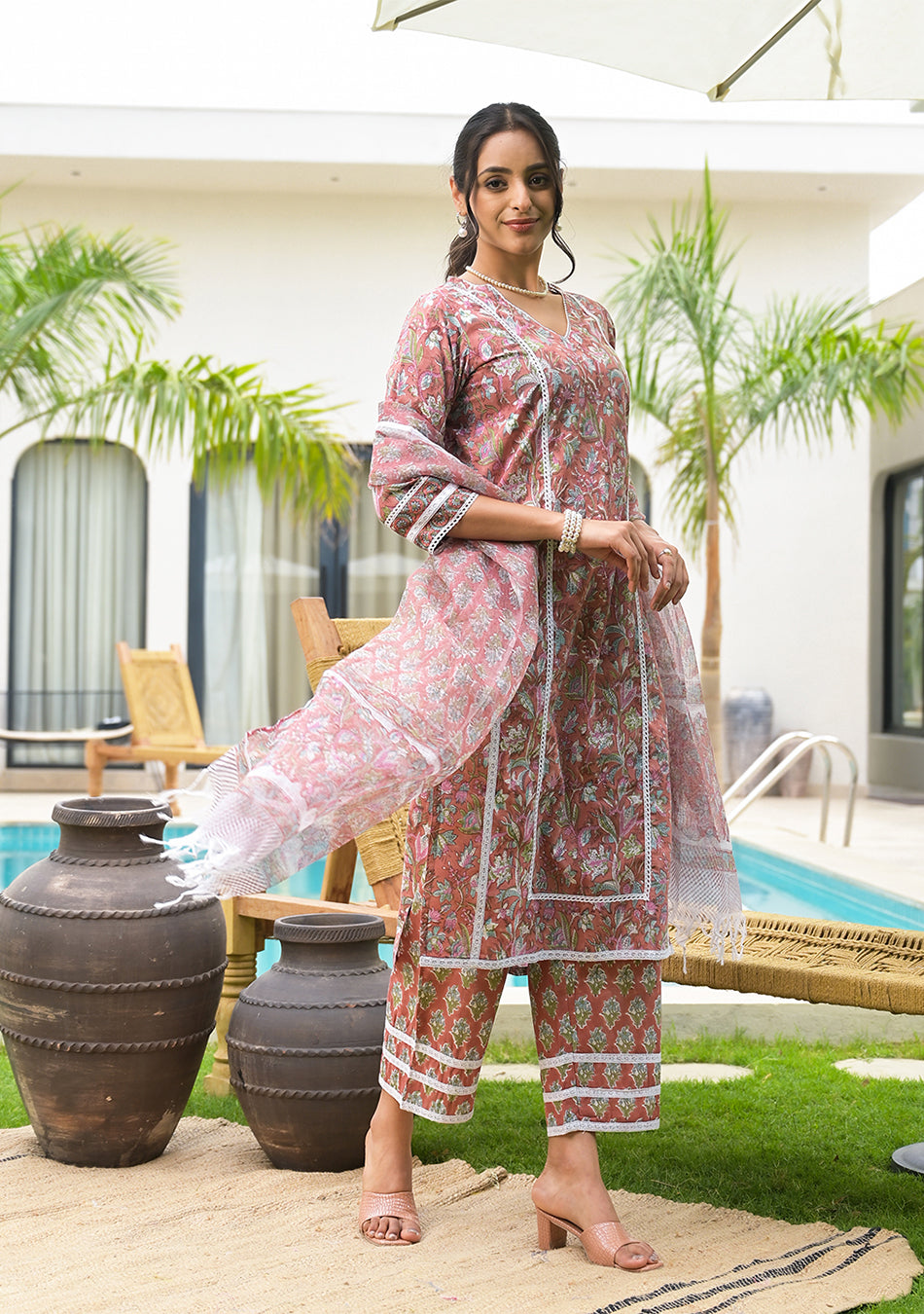Maroon Floral Print Cotton Handblock Kurta Set for Women