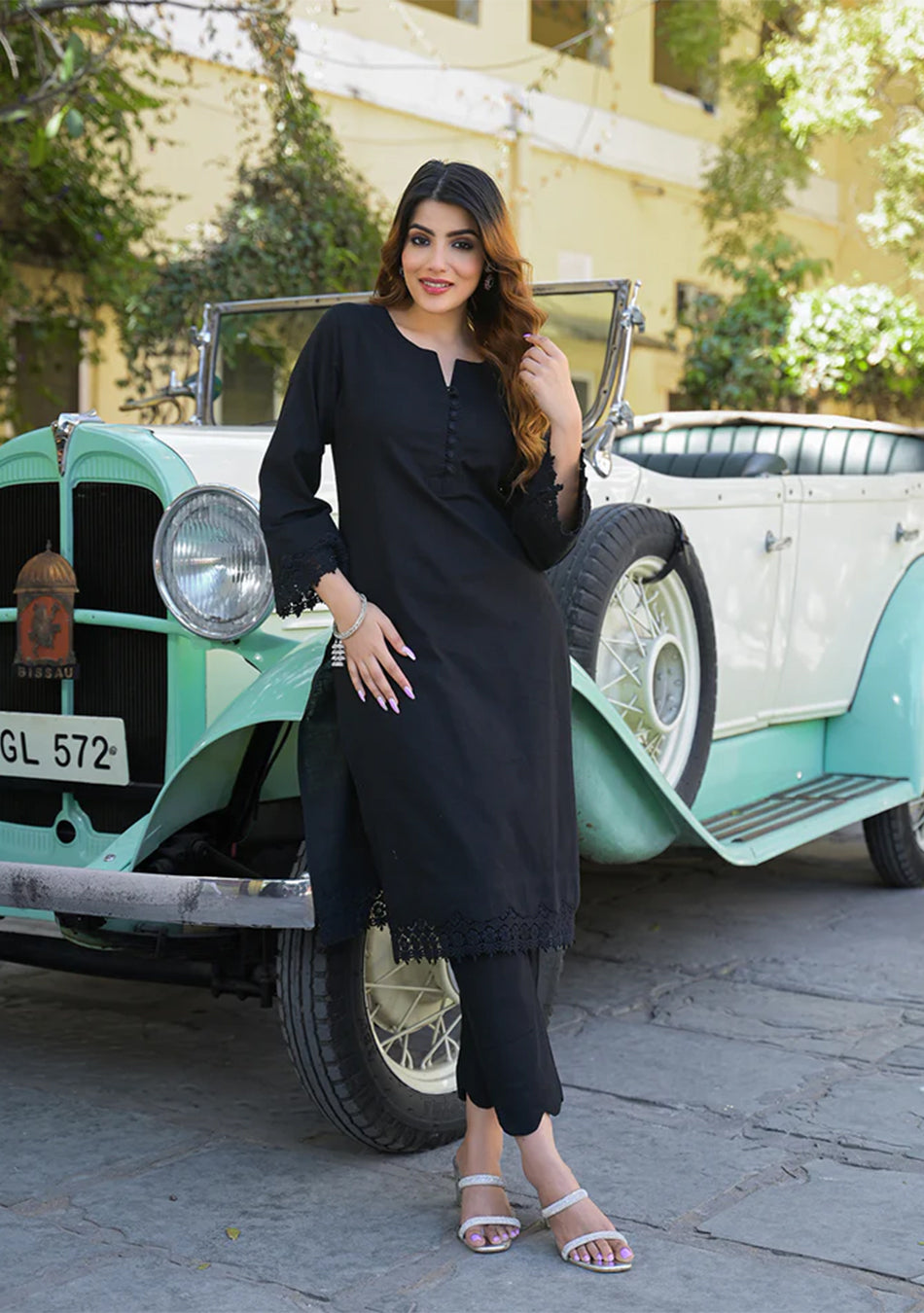 Black Solid Print Cotton Fabric Shirt Kurta with Trouser