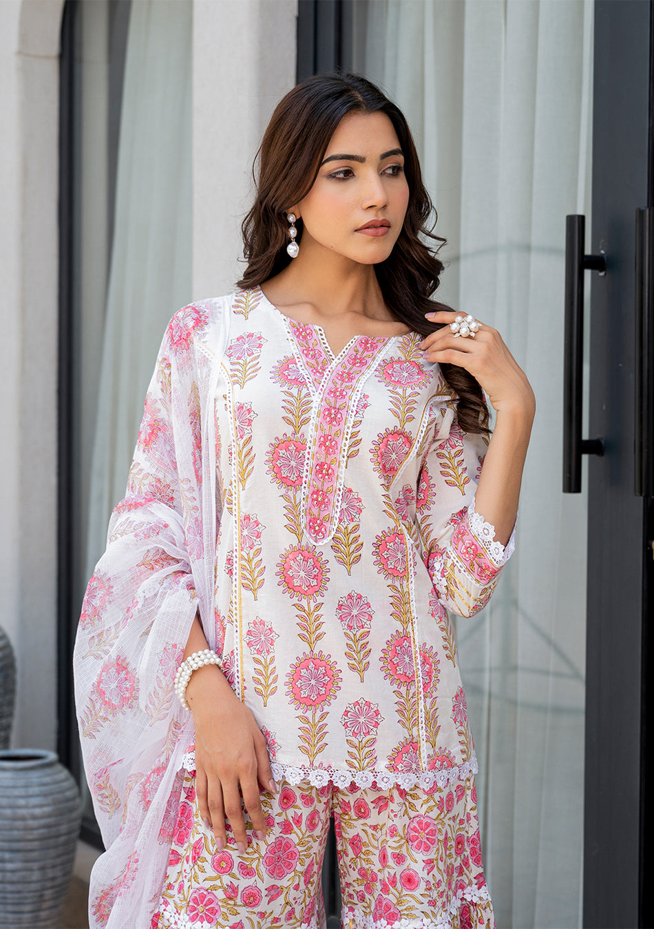 White Floral Print Pure Cotton Kurta Sharara Set for Women