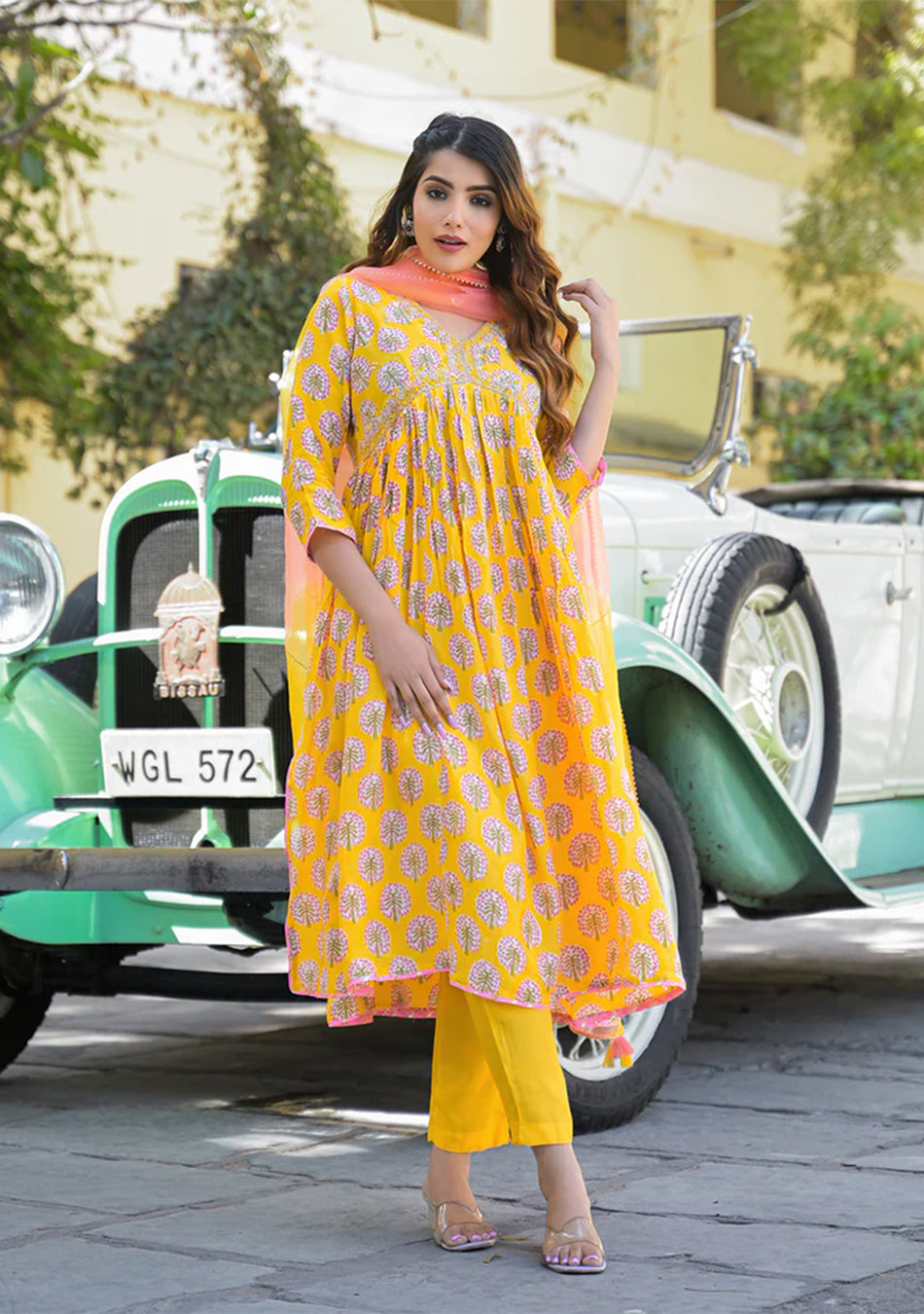 Yellow Floral Print Muslin Fabric A-Line Kurta Pant With Dupatta