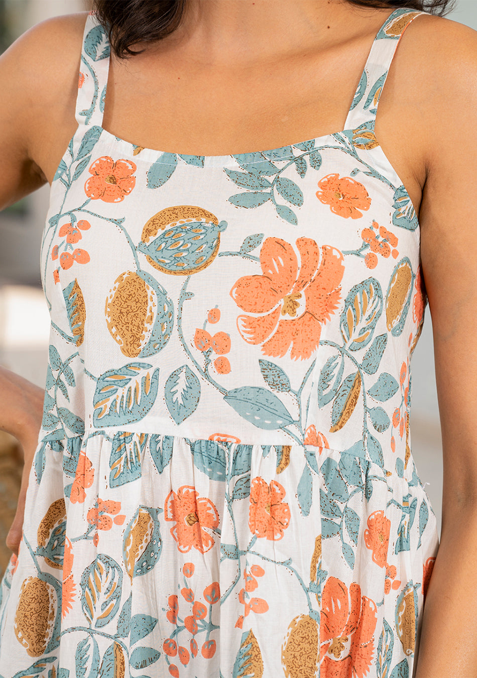 White Floral Printed Shoulder Strip Calf Long Dress