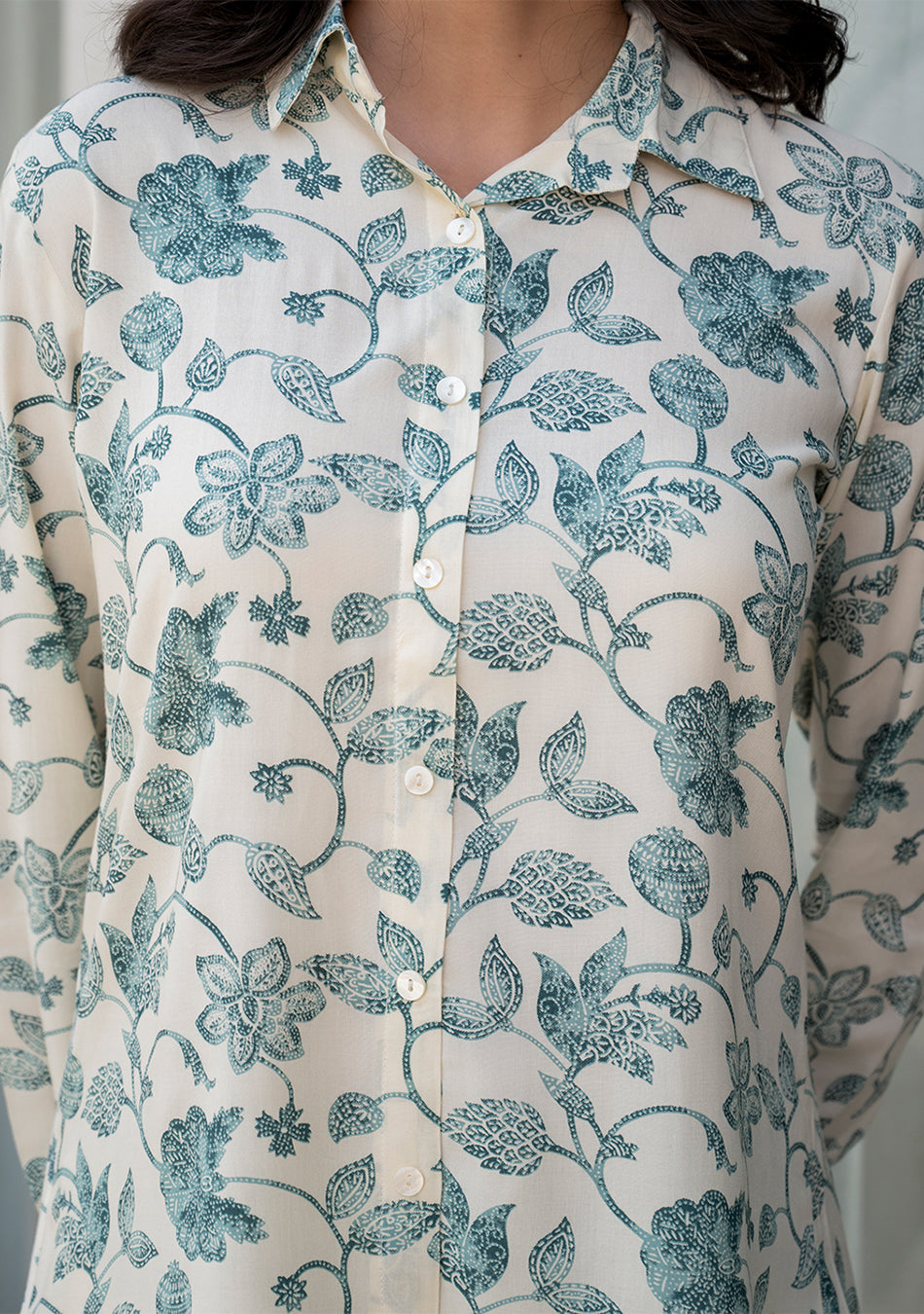 White & Green Floral Printed Rayon Co-ord Set
