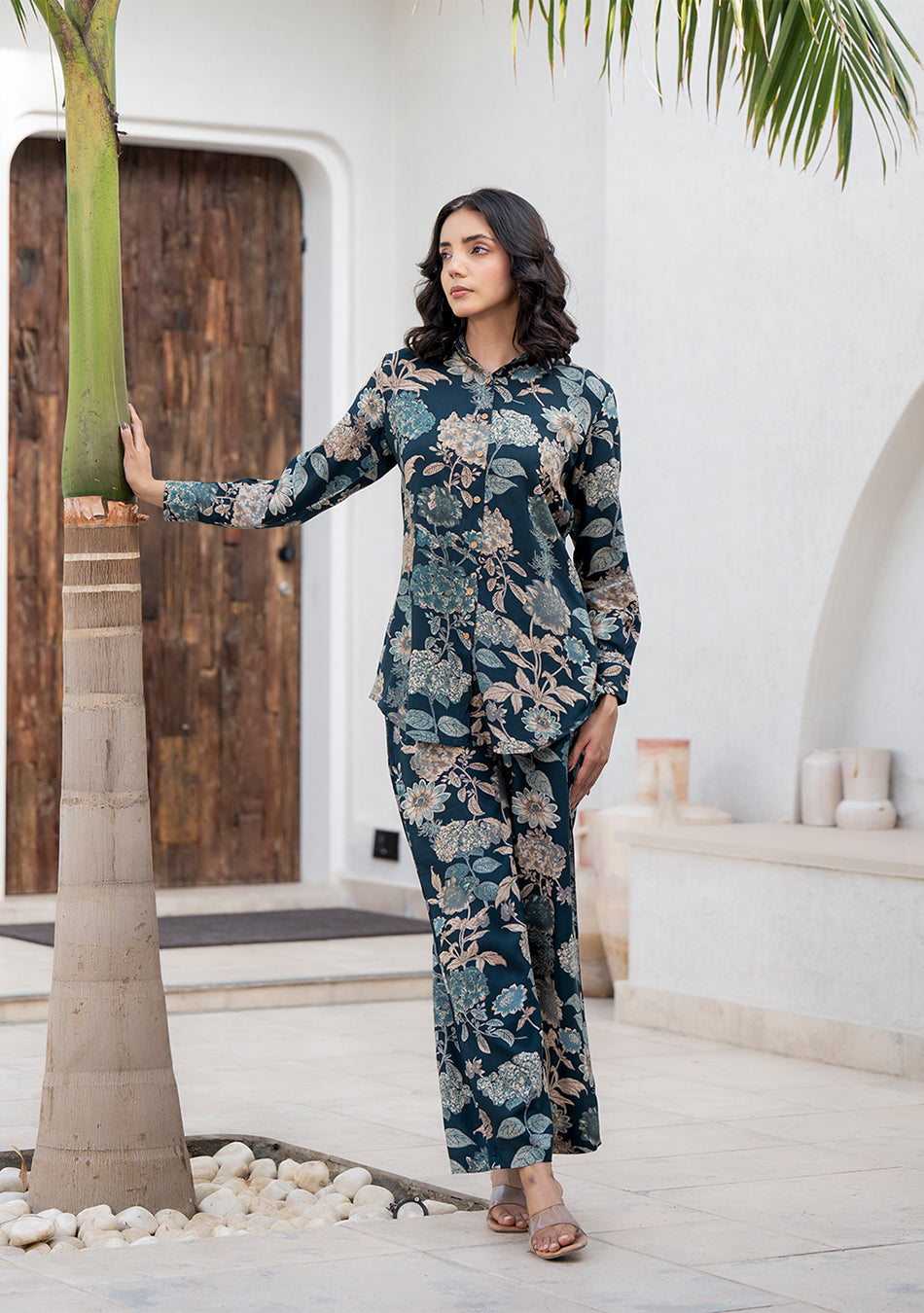 Bottle green Floral Printed Rayon Co-ord Set