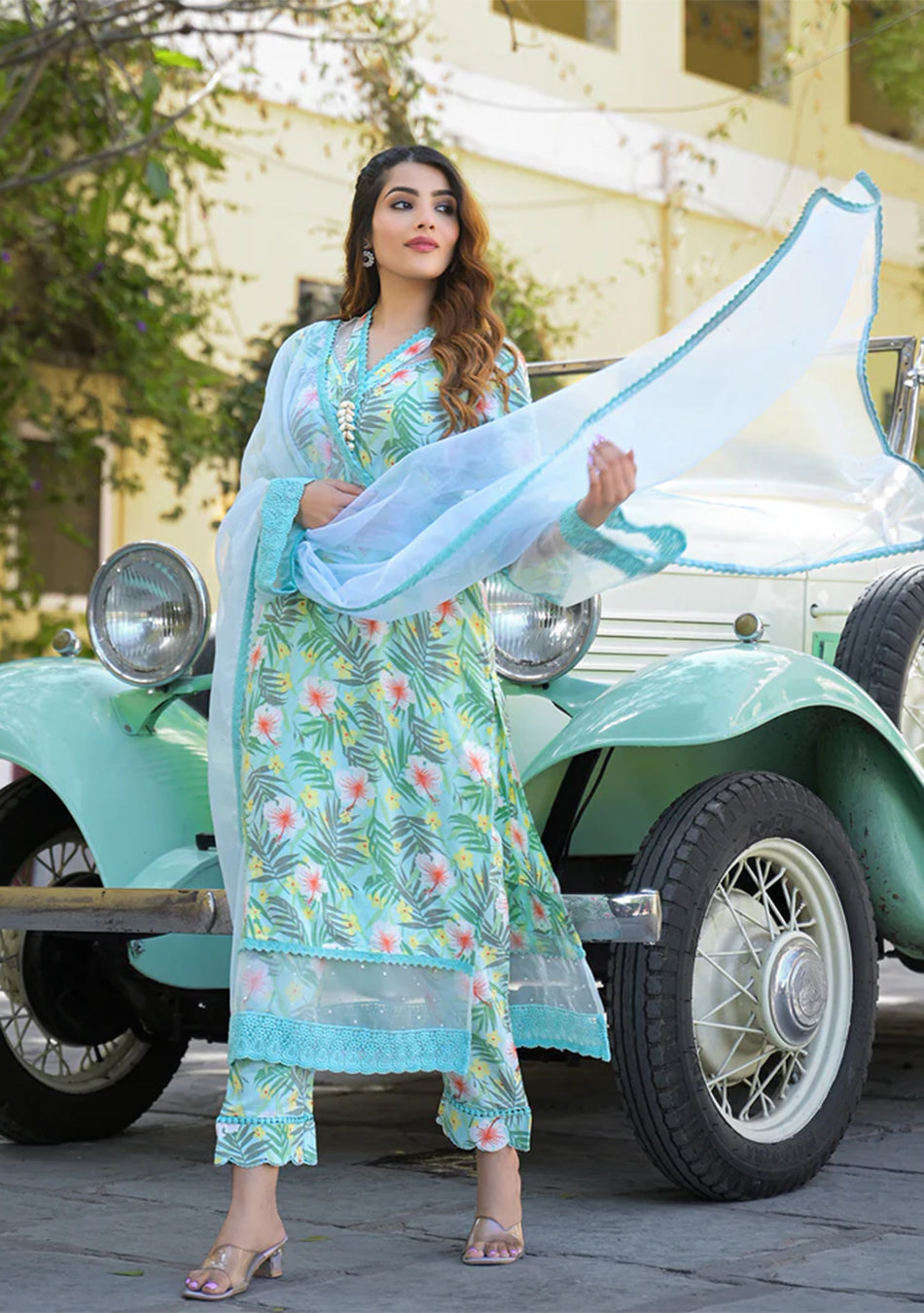 Seagreen Floral Printed Rayon Kurta Pant Set With Dupatta