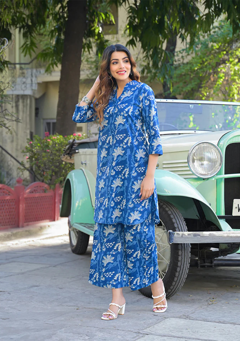 Blue Floral Print Cotton Fabric Kurta with Pant
