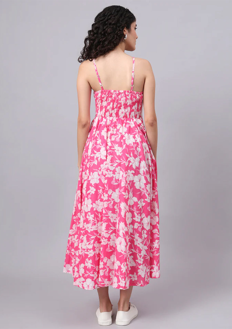 Pink Floral Shoulder Straps Cotton Dress