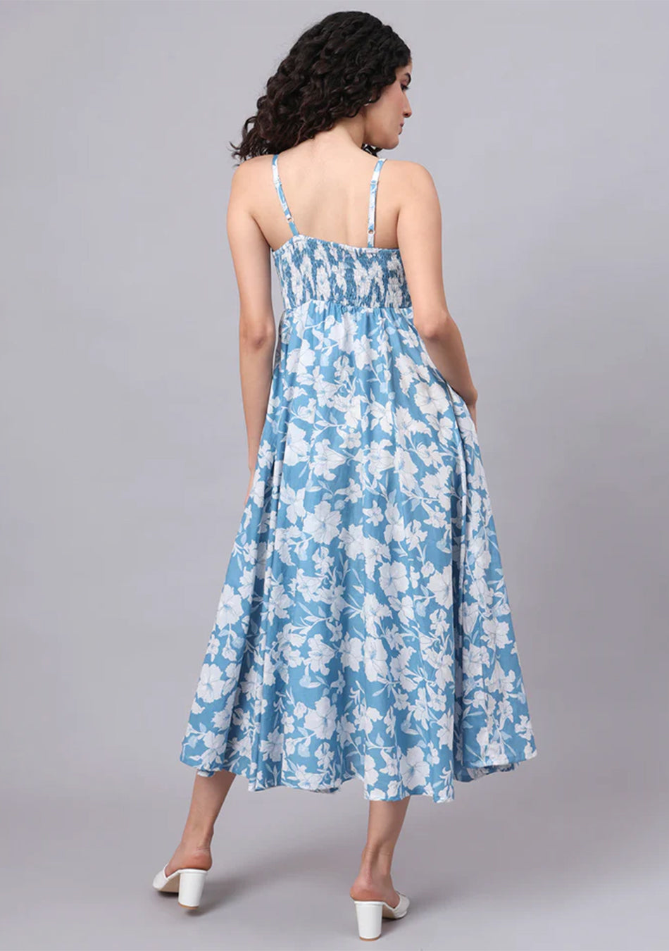 Blue Floral Shoulder Straps Cotton Dress