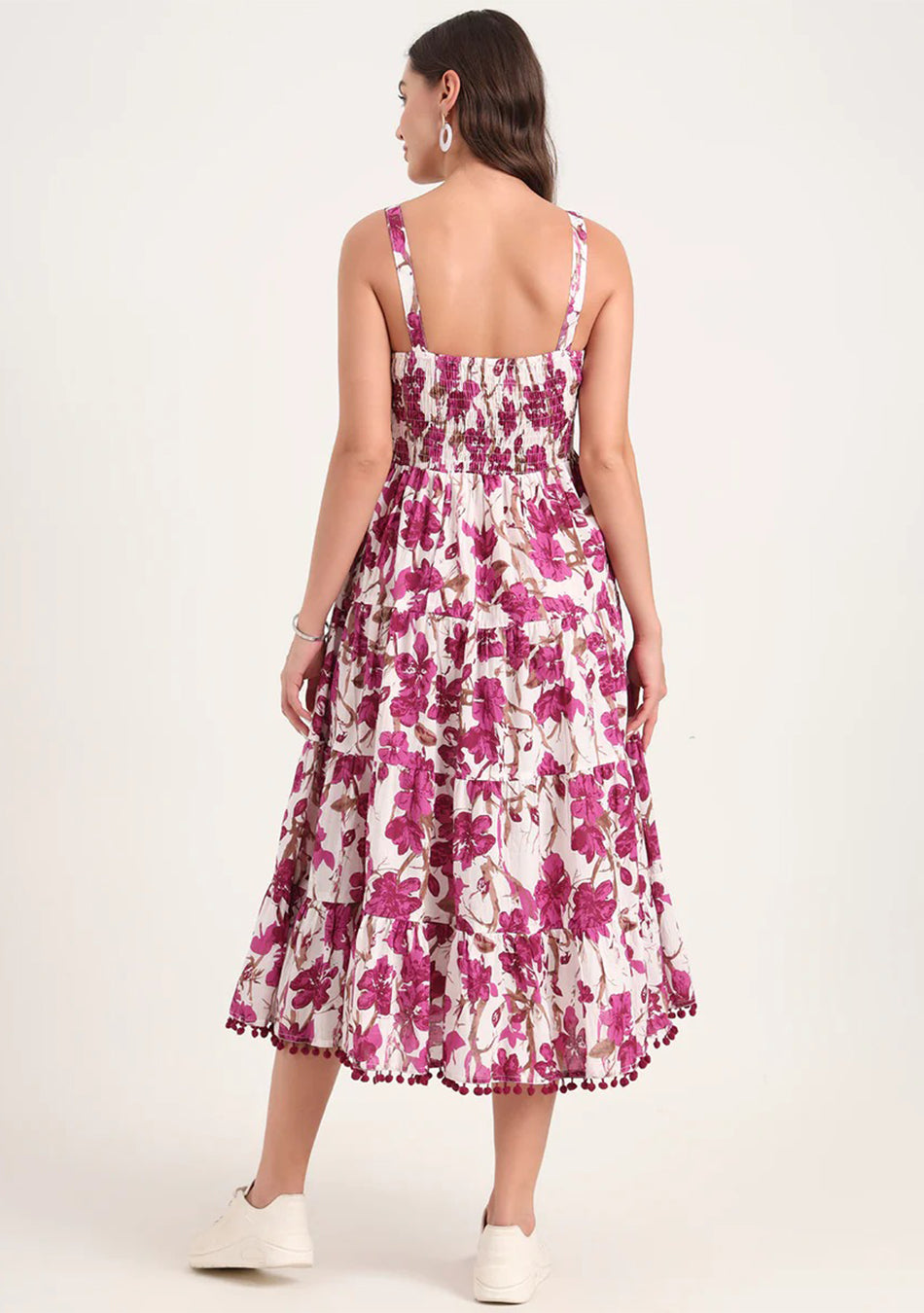 Purple Printed Cotton Shoulder Strap Pompom Dress