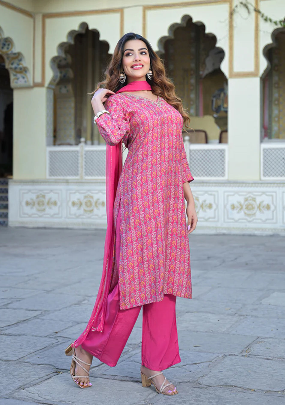 Pink Floral Printed Muslin Straight Kurta Pant with Dupatta