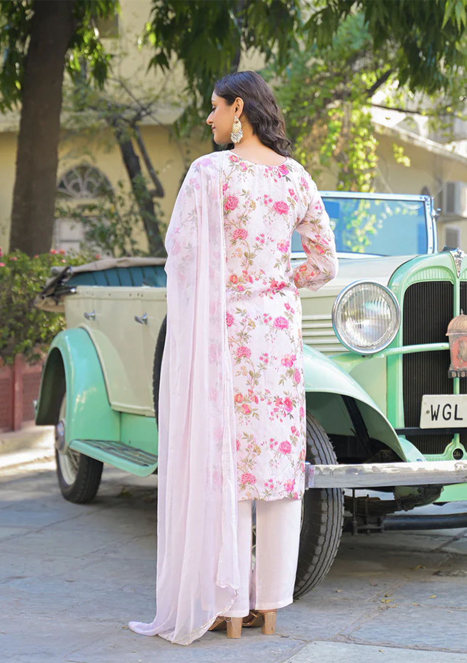 Light Pink Floral Printed Muslin Straight Kurta Pant with Dupatta