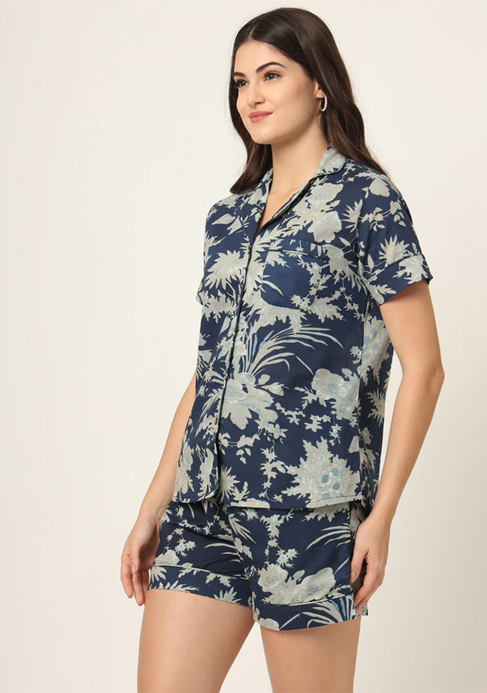 Navy Blue Printed Pure Cotton Regular Night Suit