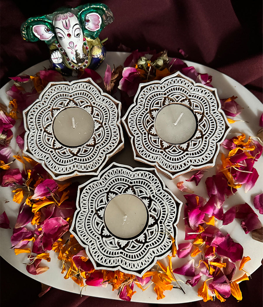 Handcrafted Flower Shape Wooden Diya - Set of 4