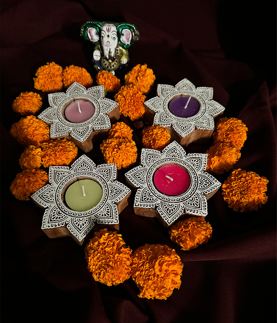 Star Carved Wood Tealight - Set of 4