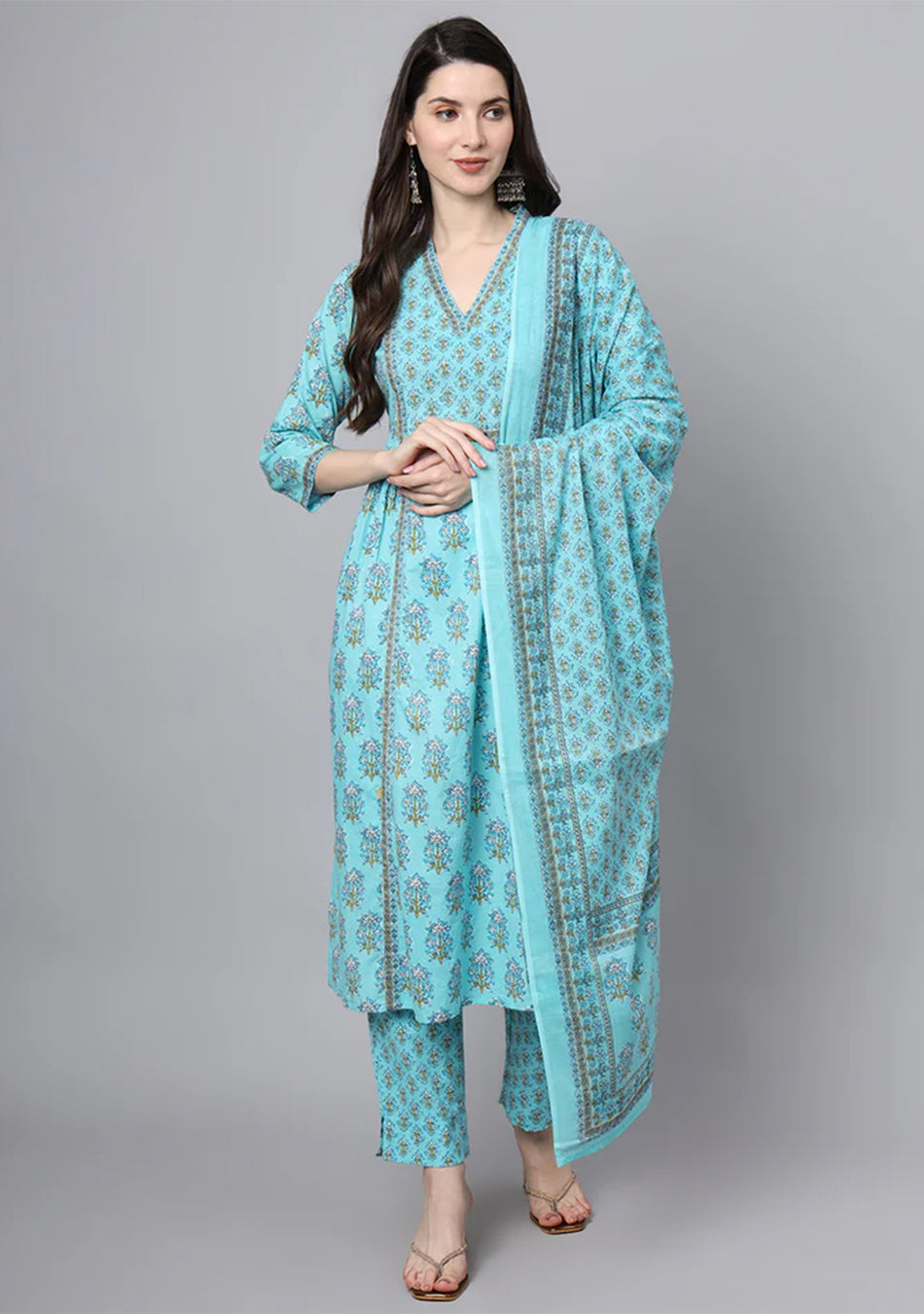Sky Blue Cotton Printed Sequin Kurta Set
