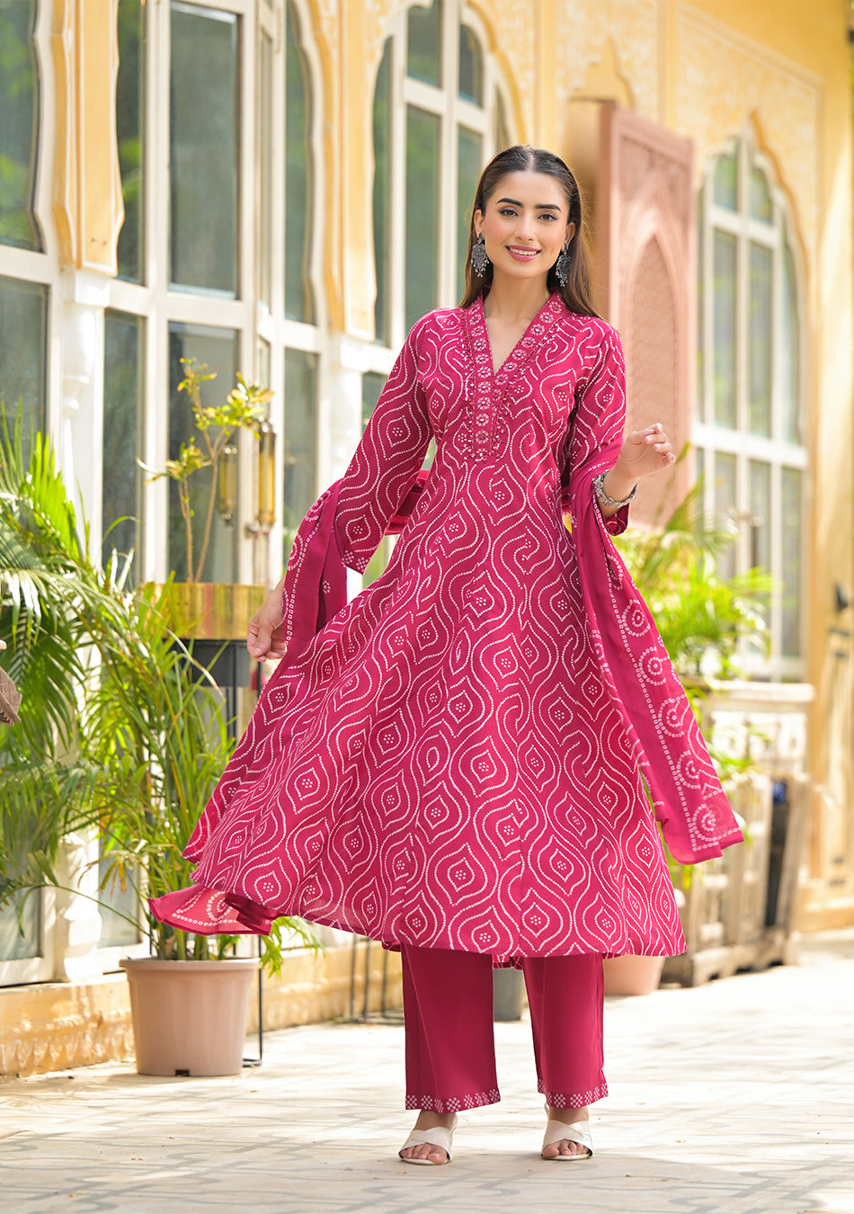 Red Anarkali , Inner, Trouser And Dupatta Set
