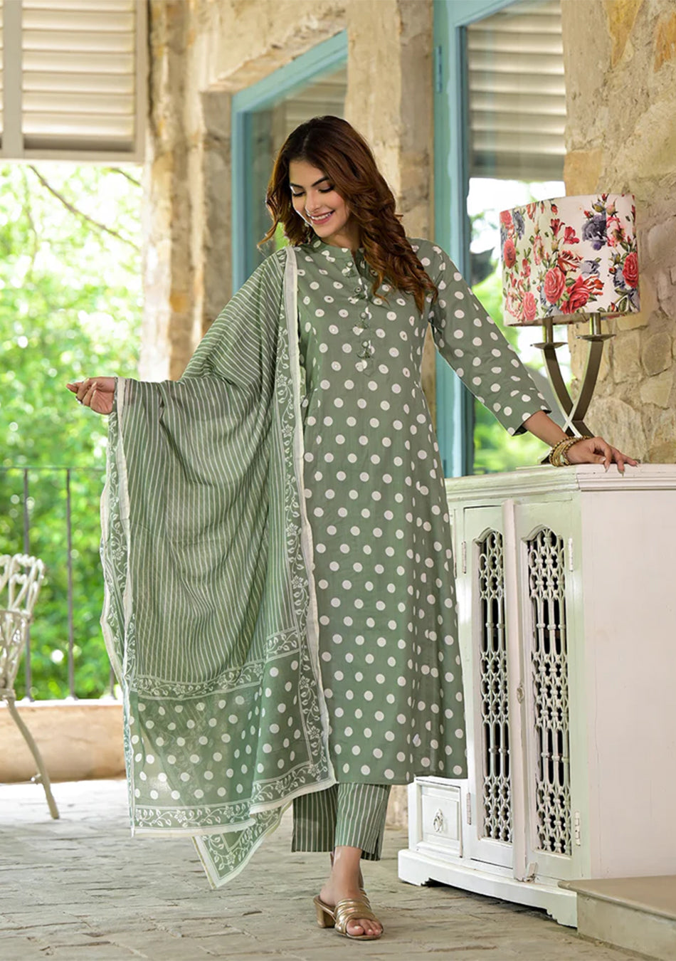 Green Printed Flared cotton Kurta Pant Dupatta Set