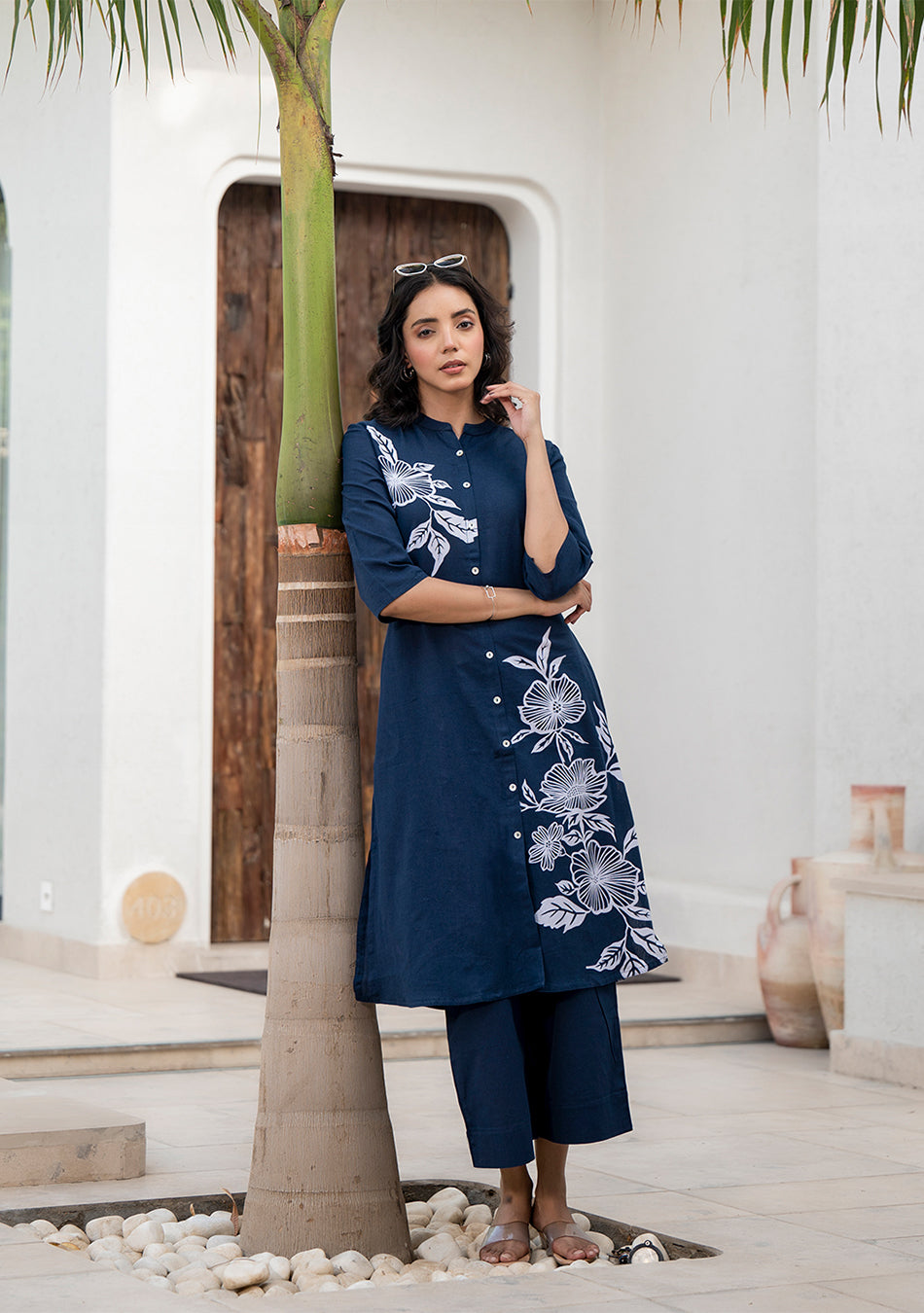 Navy Blue Floral Pattern Kurta pant Set