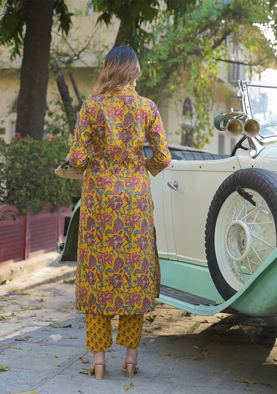 Yellow Floral Print Cotton Fabric A-Line Kurta Pant With Dupatta