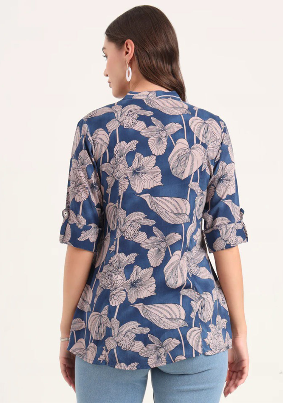 Navy Blue Rayon Rollup Sleeves A-Line Top