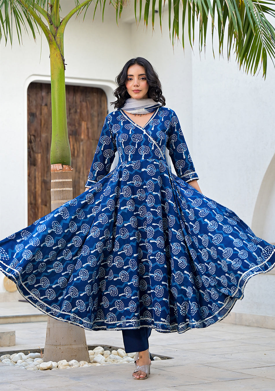 Indigo Blue HandBlock Print Cotton Anarkali Kurta Set with Organza Dupatta
