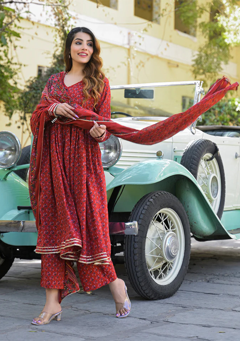 Red Floral Cotton Printed Anarkali Kurta Pant With Dupatta
