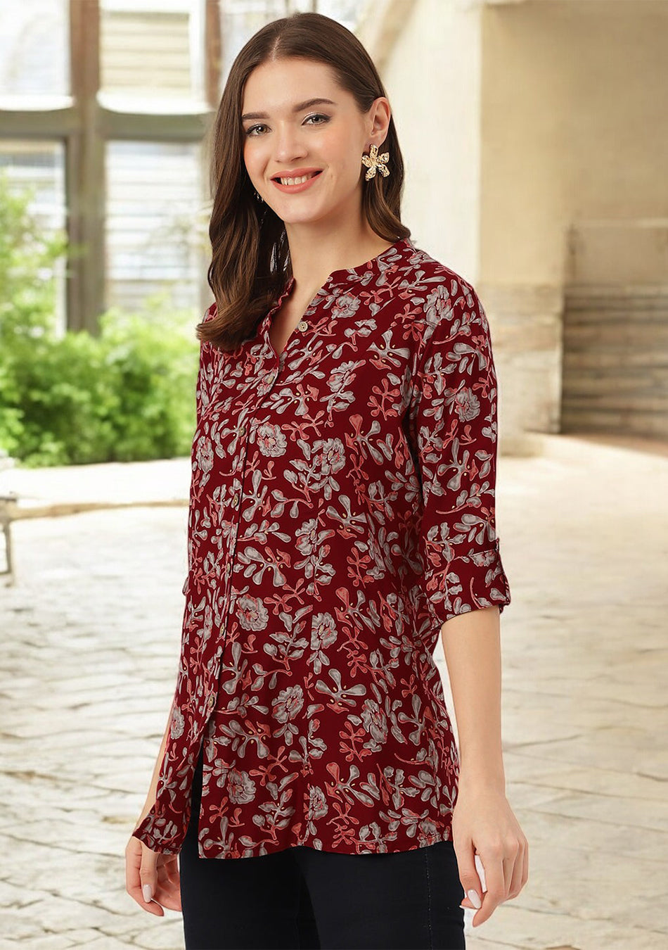 Maroon Floral Print Rayon Regular Top