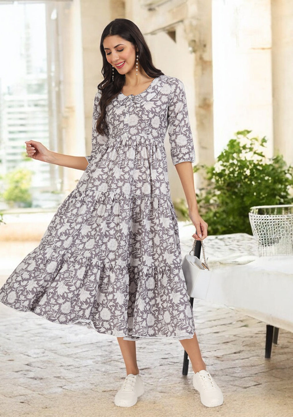 Grey Floral Printed Cotton Dress