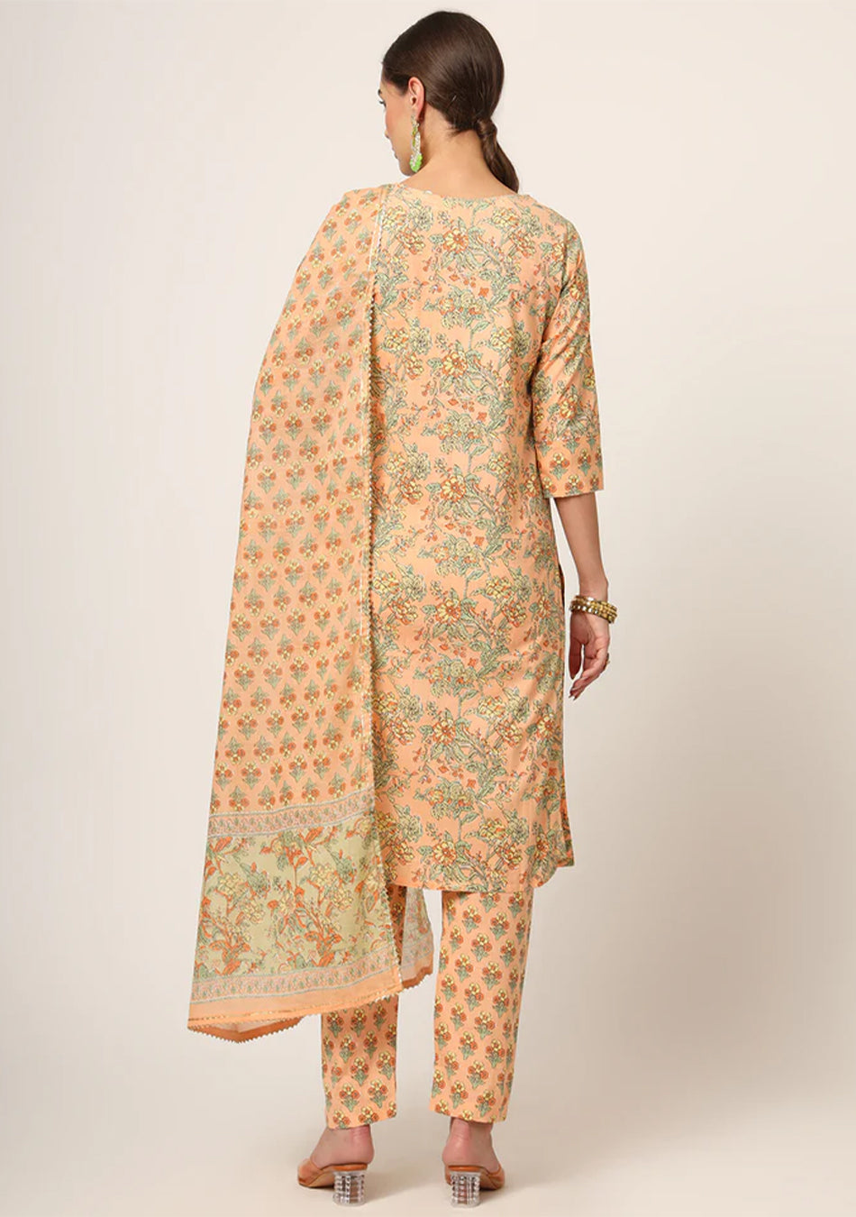 Peach Floral Print Cotton Straight fit Kurta Set