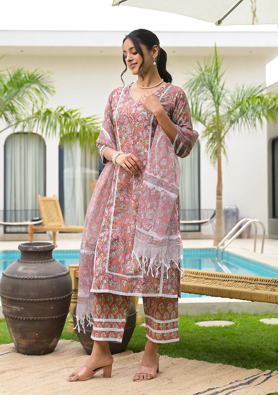 Maroon Floral Print Cotton Handblock Kurta Set for Women