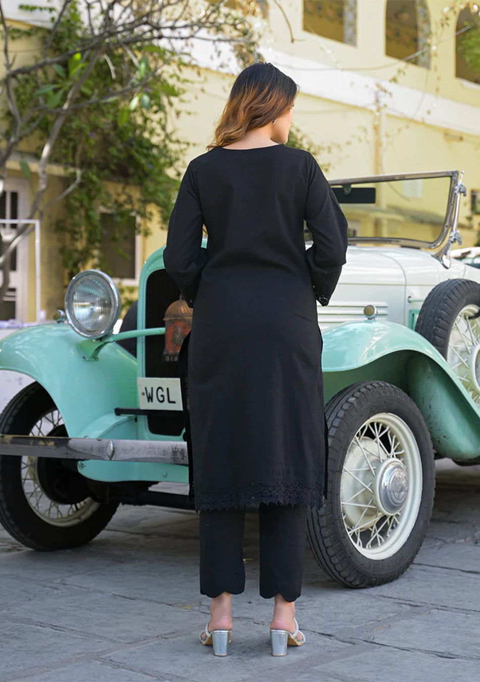 Black Solid Print Cotton Fabric Shirt Kurta with Trouser