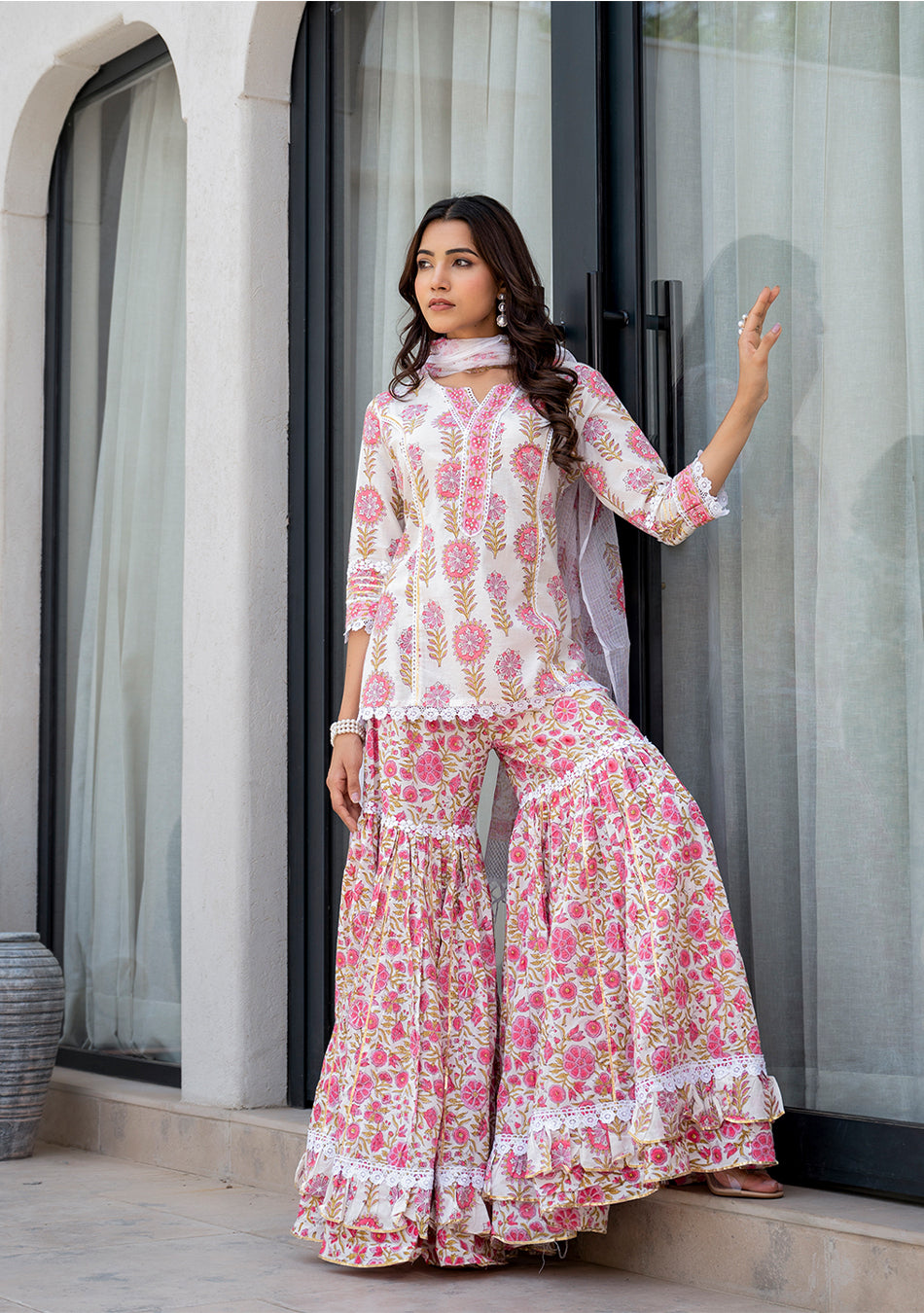 White Floral Print Pure Cotton Kurta Sharara Set for Women